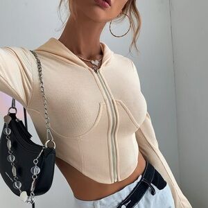 Cream Ribbed Zip-Up corset cropped Hoodie